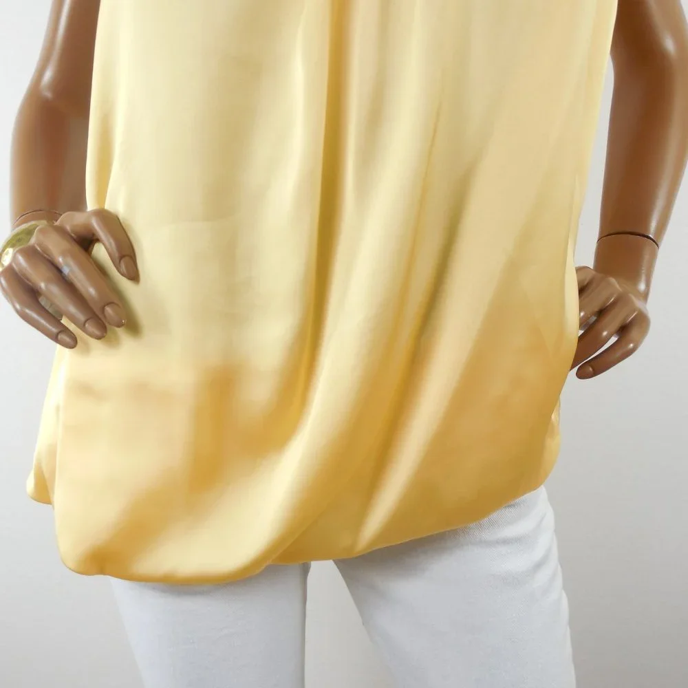 PIANO Top L Yellow Silky Blouse Ruffle Trim Draped Hem Pleats Sleeveless Shirt - Picture 5 of 9